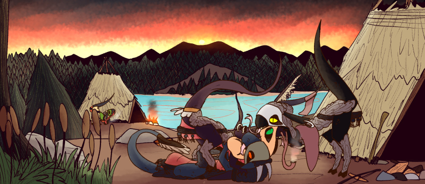 camp comic dinosaur dragon dragonscape drekir dromaeosaurid drugs female feral forl_(thepatchedragon) group hi_res hiker_(thepatchedragon) imminent_sex jat_(thepatchedragon) male post-apocalyptic reptile scalie sholresa_(thepatchedragon) smoking straddling text thepatchedragon theropod tribal