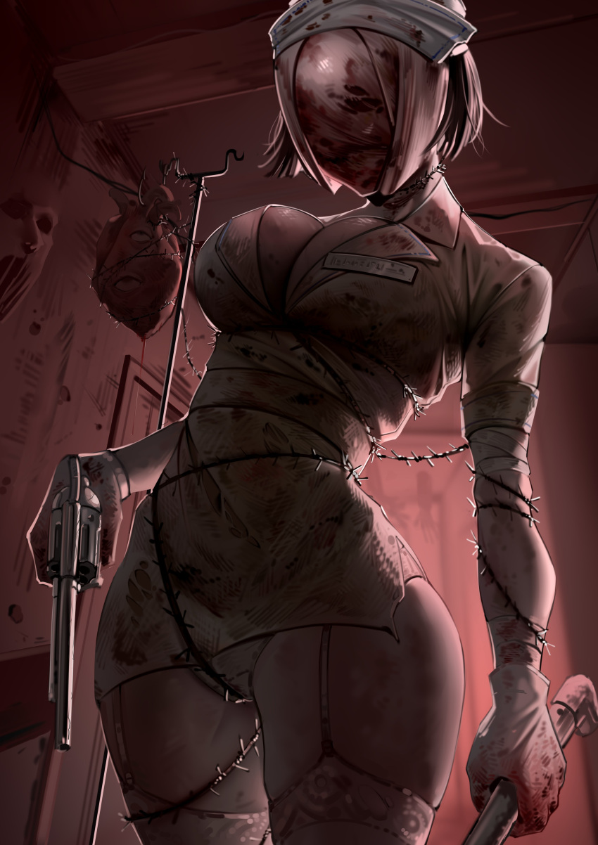 1girl absurdres bandaged_arm bandages barbed_wire blood blood_on_clothes blood_on_face blood_on_gloves breasts bubble_head_nurse cleavage cowboy_shot dress dual_wielding english_commentary faceless faceless_female finger_on_trigger garter_straps gloves gun harris_hero hat heart_(organ) highres holding holding_gun holding_weapon indoors iv_stand lead_pipe medium_breasts nurse nurse_cap panties pantyshot revolver short_dress short_hair short_sleeves silent_hill_(series) solo standing thighhighs thighs underwear weapon white_dress white_gloves white_headwear wide_hips