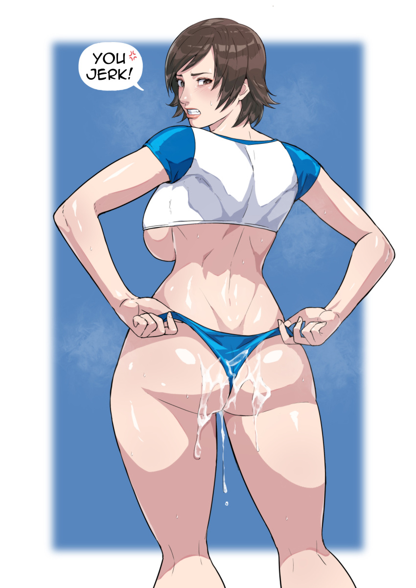 1girl absurdres adjusting_clothes anger_vein ass back blue_background blue_panties blue_shirt border breasts brown_eyes brown_hair cirenk clenched_teeth commission crop_top cum cum_on_ass highres kazama_asuka kneepits large_breasts looking_back no_bra panties raglan_sleeves shirt short_hair sideboob solo speech_bubble spoken_anger_vein teeth tekken thighs two-tone_shirt underboob underwear white_border white_shirt