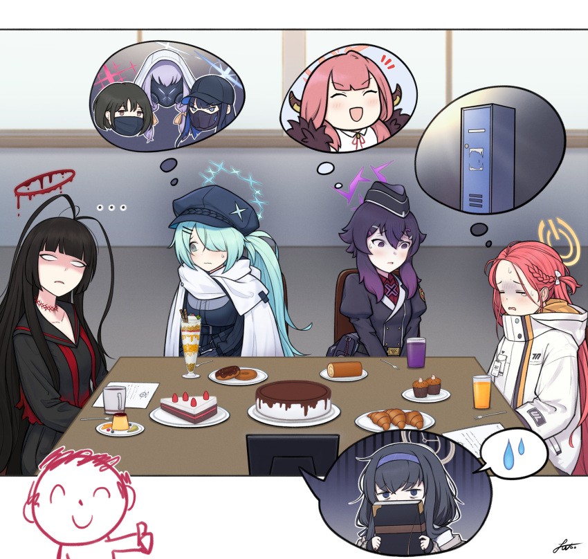 1boy 5girls antenna_hair arona's_sensei_doodle_(blue_archive) aru_(blue_archive) atsuko_(blue_archive) bangs baseball_cap black_eyes black_hair blue_archive blue_eyes blunt_bangs bow bowtie braid cake choker commentary_request croissant cup cupcake demon_girl demon_horns doughnut drinking_glass food fork gradient_hair green_hair grey_eyes hair_between_eyes hair_ornament hairband hairclip halo haruka_(blue_archive) hat highres hiyori_(blue_archive) hooded_coat horns jpark locker long_hair long_sleeves looking_away low_twintails mask misaki_(blue_archive) mouth_mask multicolored_hair multiple_girls nervous orange_juice parfait parted_bangs plate pudding purple_eyes purple_hair red_hair saori_(blue_archive) scared school_uniform sensei_(blue_archive) serafuku short_hair side_ponytail sidelocks single_braid spoken_character spoken_sweatdrop strawberry_shortcake sweatdrop swiss_roll table tea teacup thought_bubble thumbs_up trait_connection tsurugi_(blue_archive) turtleneck twintails ui_(blue_archive) video_call yuzu_(blue_archive)