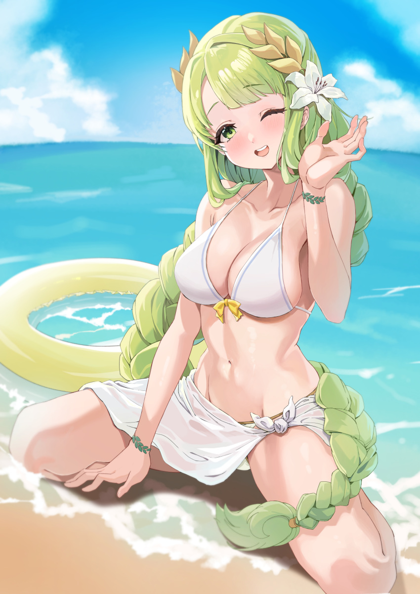 1girl ;d absurdres afk_arena bare_arms bare_shoulders beach bikini braid breasts character_request cleavage collarbone day flower front-tie_bikini_top front-tie_top green_eyes green_hair hair_flower hair_ornament hand_up highres innertube large_breasts long_hair looking_at_viewer navel one_eye_closed open_mouth outdoors sarong single_braid sitting smile solo stomach string_bikini swimsuit thighs very_long_hair wariza water white_bikini yan.c