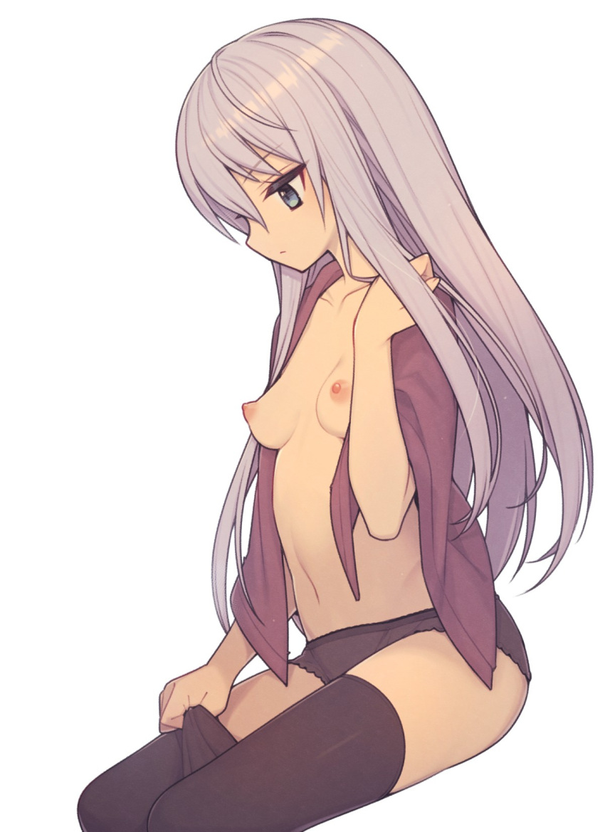 1girl black_panties black_thighhighs blue_eyes breasts commentary_request dressing everyntrge expressionless feet_out_of_frame grey_hair highres long_hair navel original panties perky_breasts purple_towel simple_background sitting small_breasts solo thighhighs towel towel_around_neck underwear white_background