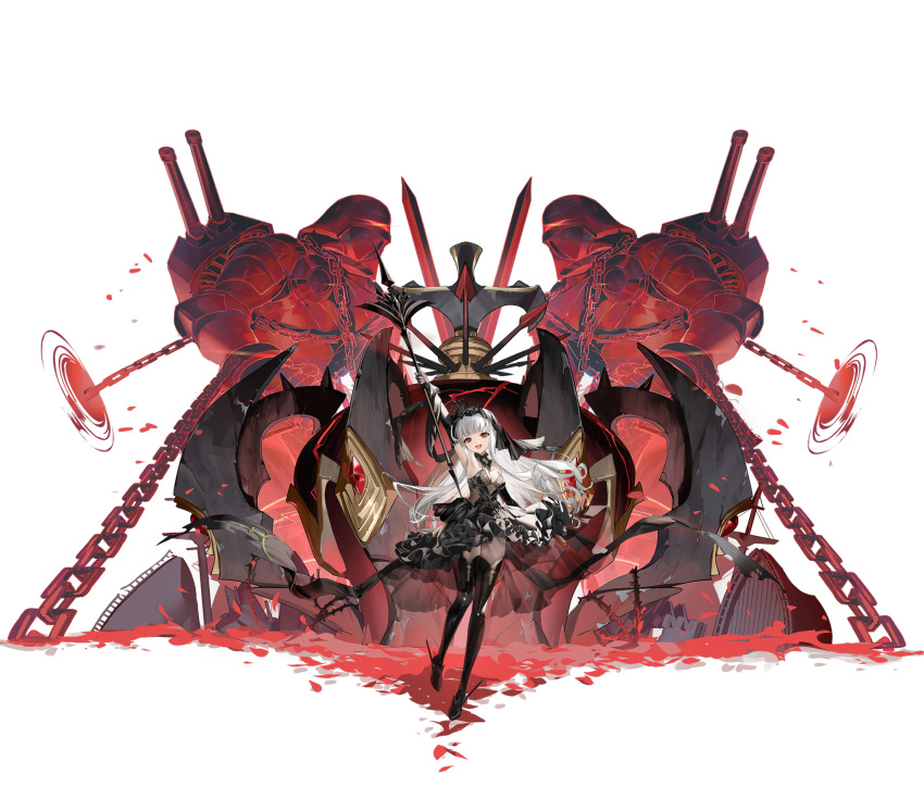 1girl :d arm_up armpits artist_request azur_lane black_dress black_gloves black_thighhighs breasts chain crown detached_collar detached_sleeves dress full_body gloves grey_hair highres holding long_hair looking_at_viewer mini_crown official_art queen_elizabeth_(azur_lane) queen_elizabeth_(meta)_(azur_lane) red_eyes rigging small_breasts smile solo standing strapless strapless_dress thighhighs transparent_background v-shaped_eyebrows veil very_long_hair