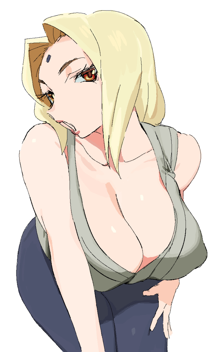 1girl absurdres blonde_hair breasts brown_eyes cleavage cowboy_shot facial_mark forehead_mark highres japanese_clothes leaning_forward long_hair looking_at_viewer naruto naruto_(series) open_mouth simple_background solo tsunade_(naruto) white_background whoopsatro