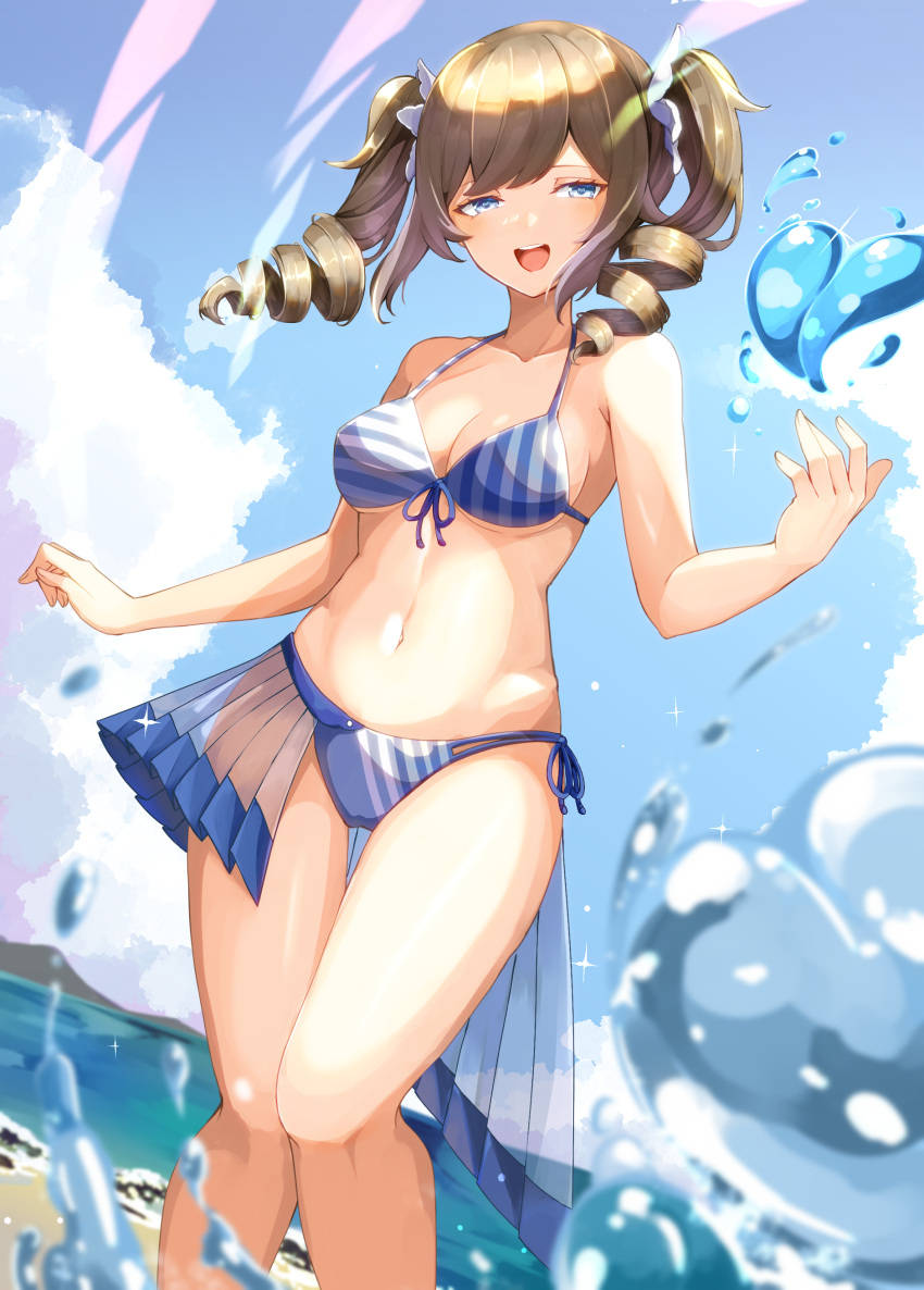 1girl absurdres alternate_costume barbara_(genshin_impact) bare_arms bare_shoulders bikini blue_bikini blue_eyes breasts brown_hair drill_hair ekusera front-tie_bikini_top front-tie_top genshin_impact hair_ornament halterneck heart highres long_hair looking_at_viewer medium_breasts navel open_mouth see-through side-tie_bikini_bottom smile solo standing stomach string_bikini striped striped_bikini swimsuit thigh_gap thighs twin_drills twintails water