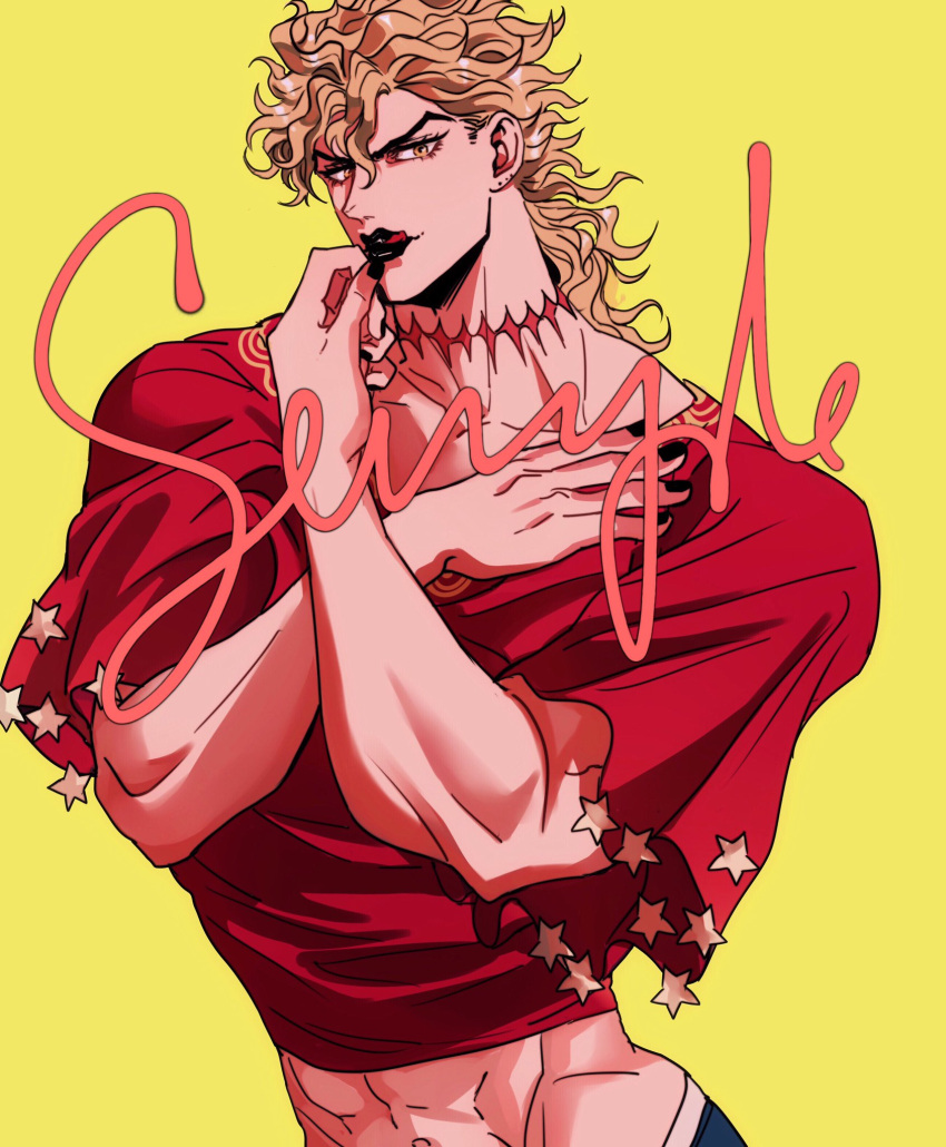 1boy abs black_lips black_nails blonde_hair dio_brando highres jojo_no_kimyou_na_bouken licking_lips long_hair makeup male_focus midriff muscular muscular_male pectorals red_shirt scar scar_on_neck shenshan_laolin shirt short_sleeves simple_background solo stardust_crusaders tongue tongue_out yellow_background yellow_eyes