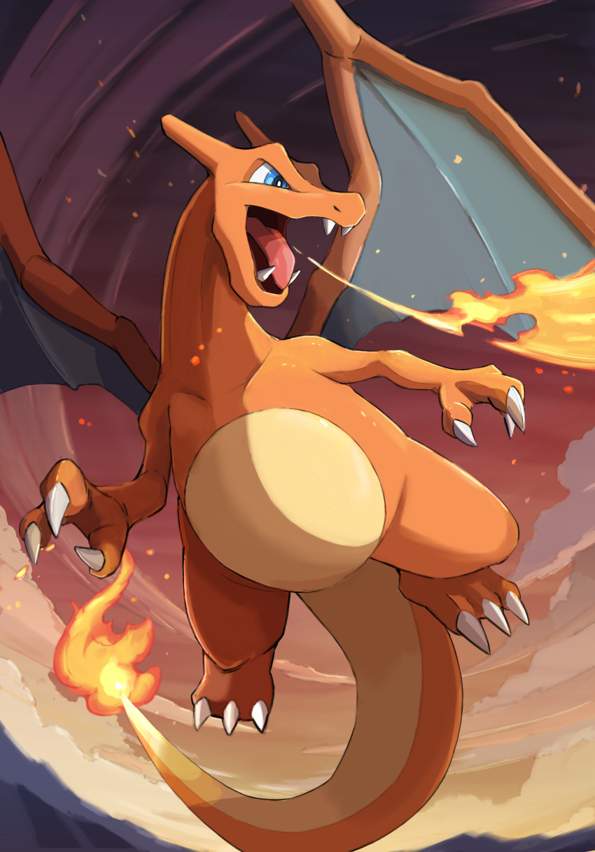 blue_eyes breathing_fire charizard cloud commentary_request embers fangs fire flame flame-tipped_tail full_body gradient_eyes highres momota_pix mountain multicolored_eyes no_humans open_mouth outdoors pokemon pokemon_(creature) red_sky sharp_teeth sky smoke teeth tongue v-shaped_eyebrows