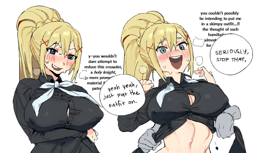 1girl absurdres bangs black_shirt blonde_hair blue_eyes blush breasts button_gap darkness_(konosuba) english_text hair_ornament hands_up highres kono_subarashii_sekai_ni_shukufuku_wo! large_breasts long_hair multiple_views neck_ribbon open_mouth partially_unbuttoned ponytail ribbon shirt simple_background smile speech_bubble upper_body white_background white_ribbon whoopsatro x_hair_ornament