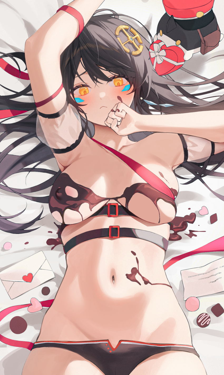 1girl armpits arms_up bare_shoulders belt bikini bikini_bottom_only black_bikini black_hair box breasts breasts_apart chocolate chocolate_on_body chocolate_on_breasts commission detached_sleeves elsword eve_(2nas)_(elsword) eve_(elsword) facial_mark food_on_body hair_ornament hair_spread_out heart-shaped_box highres long_hair looking_at_viewer love_letter lying medium_breasts moby_(elsword) navel nipples on_back red_ribbon ribbon second-party_source see-through see-through_sleeves short_sleeves solo stomach swimsuit timy valentine yellow_eyes