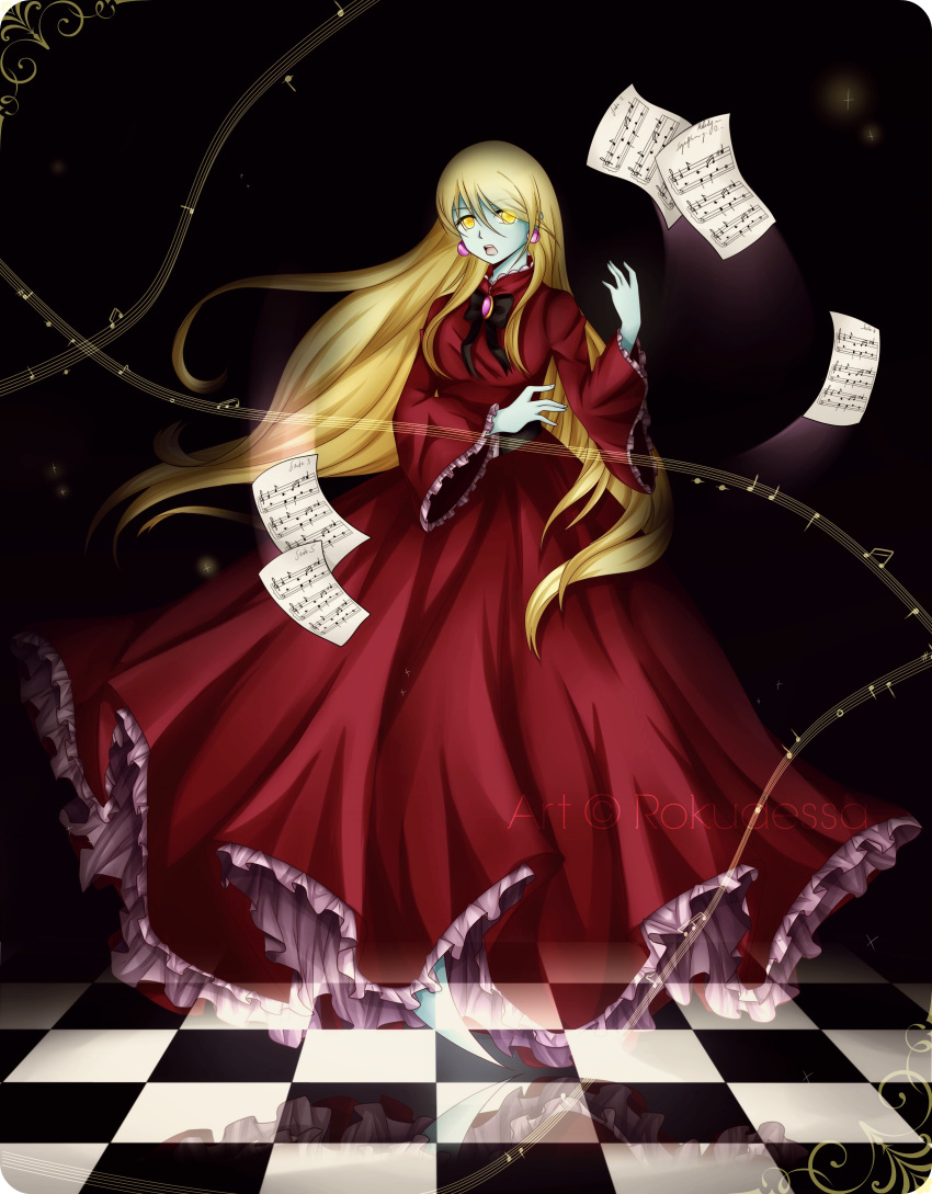 1girl absurdres black_bow black_bowtie blonde_hair bow bowtie bracket brooch dress ghost ghost_girl glowing glowing_eyes highres jewelry long_hair looking_at_viewer luigi's_mansion mario_(series) melody_pianissima musical_note open_mouth red_dress rokudessa sheet_music staff_(music) tile_floor tiles