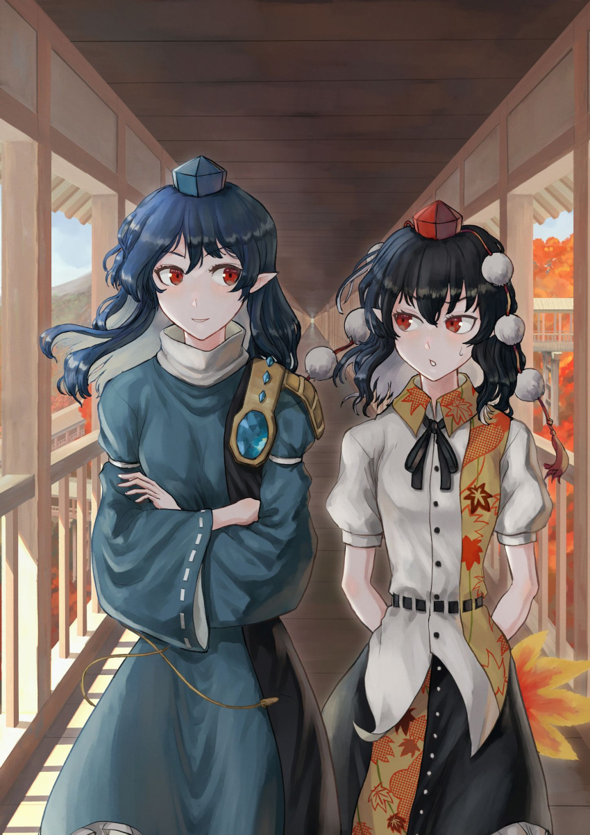 2girls arms_behind_back belt black_belt black_coat black_hair black_ribbon black_skirt blue_dress blue_hair blue_headwear breasts coat collared_shirt crossed_arms dress frilled_skirt frills harapan-kun hat hauchiwa highres iizunamaru_megumu juliet_sleeves leaf-pattern_stripe long_hair long_sleeves multiple_girls neck_ribbon open_mouth pointy_ears pom_pom_(clothes) puffy_short_sleeves puffy_sleeves red_eyes red_headwear ribbon ribbon-trimmed_sleeves ribbon_trim shameimaru_aya shirt short_sleeves shoulder_guard skirt sleeveless_coat small_breasts surcoat tokin_hat touhou walking wavy_hair white_shirt wide_sleeves