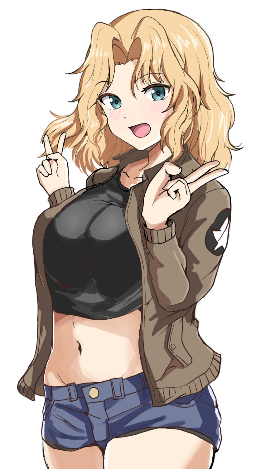 1girl black_shirt blonde_hair blue_eyes blue_shorts brown_jacket commentary cowboy_shot denim denim_shorts double_v emblem girls_und_panzer hair_intakes highres jacket kay_(girls_und_panzer) long_sleeves looking_at_viewer medium_hair midriff military military_uniform navel open_clothes open_jacket open_mouth saunders_military_uniform shirt short_shorts shorts simple_background smile solo standing star_(symbol) suberaku thighhighs uniform v white_background white_thighhighs