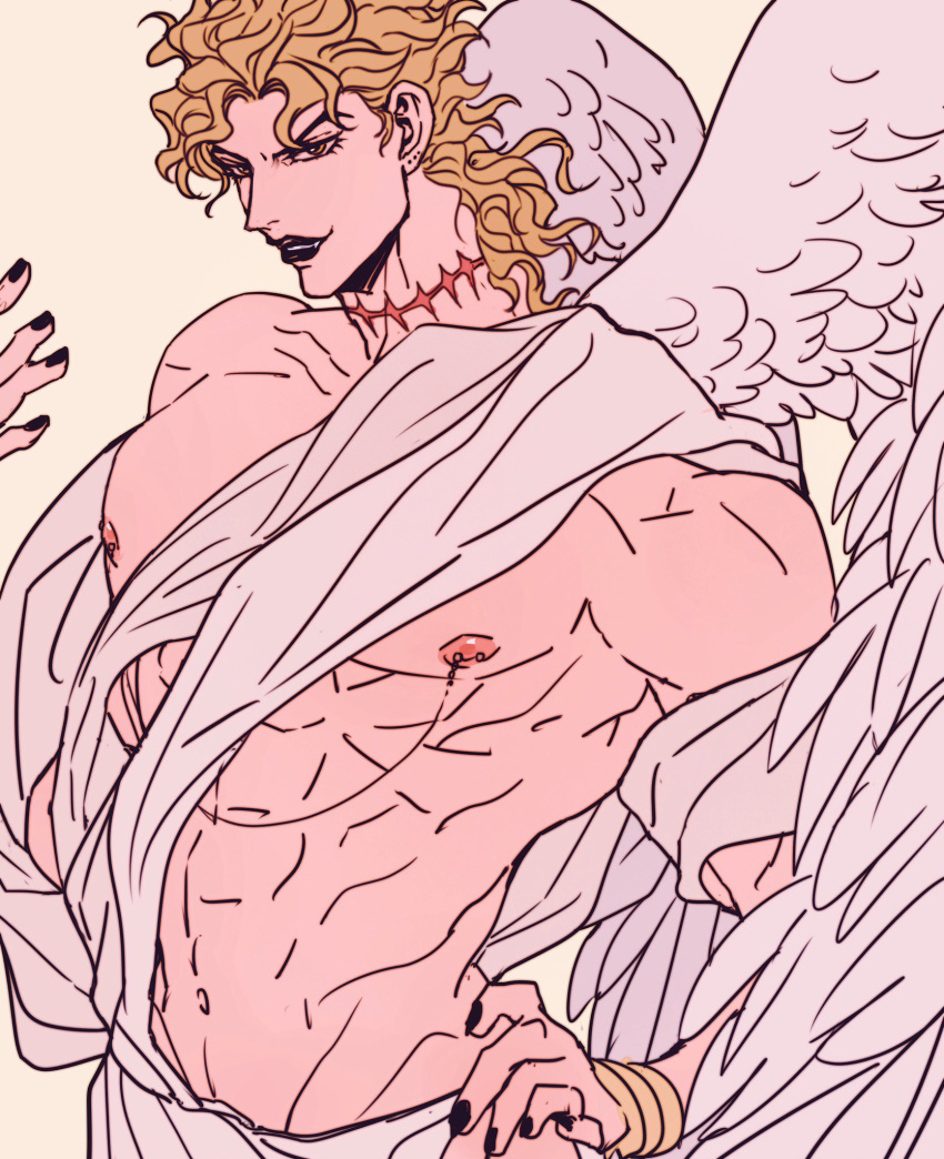 1boy abs angel_wings black_lips black_nails blonde_hair bracelet dio_brando evil_smile fangs feathered_wings hand_on_hip highres jewelry jojo_no_kimyou_na_bouken linked_piercing long_hair male_focus mole mole_on_ear muscular muscular_male navel nipple_chain nipple_piercing nipples pectorals piercing scar scar_on_neck shawl shenshan_laolin simple_background smile solo stardust_crusaders wings yellow_eyes