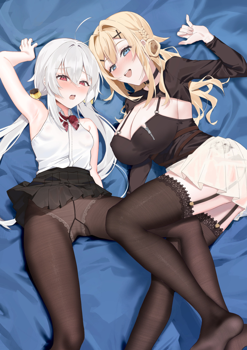 2girls arm_up armpits bed_sheet black_choker blonde_hair blue_background blue_eyes blush bow bowtie braid breasts brown_thighhighs choker cleavage commentary_request fang_qiao feet fine_fabric_emphasis foot_out_of_frame grey_hair gusset hair_intakes hair_ornament hairclip highres large_breasts legs lying miniskirt multiple_girls no_shoes on_back on_side open_mouth original panties panties_under_pantyhose pantyhose pink_eyes red_bow red_bowtie shirt shrug_(clothing) skirt sleeveless sleeveless_shirt small_breasts soles teeth thighhighs thighs twintails underwear upper_teeth_only white_panties white_shirt zipper