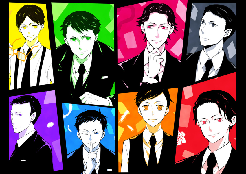 6+boys ? amari_(joker_game) bangs black_border black_hair black_jacket black_necktie black_suit black_vest blue_background blue_eyes blue_hair border breast_pocket closed_mouth collared_shirt colorful commentary eyewear_removed finger_to_mouth flower formal glasses green_background green_eyes grey_background grey_eyes hatano_(joker_game) holding holding_eyewear index_finger_raised jacket jitsui_(joker_game) joker_game kaminaga_(joker_game) kingyo_(984) lapels long_sleeves looking_ahead looking_at_viewer looking_to_the_side male_focus miyoshi_(joker_game) multiple_boys necktie notched_lapels odagiri_(joker_game) orange_background orange_eyes parted_hair pocket portrait purple_background purple_eyes red_background red_eyes rose sakuma_(joker_game) shirt short_hair shushing smile straight-on suit suit_jacket suspenders swept_bangs tazaki_(joker_game) upper_body very_short_hair vest waistcoat wavy_mouth white_flower white_rose white_shirt yellow-framed_eyewear yellow_background yellow_eyes