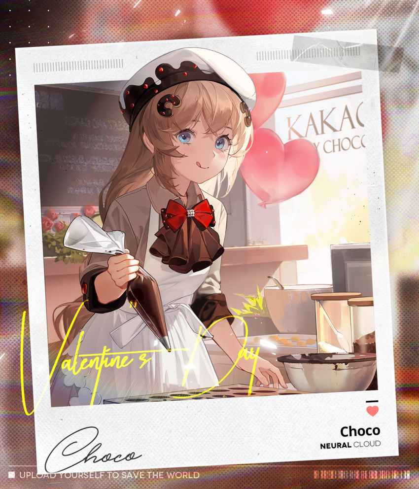 1girl :q apron artist_request baking blue_eyes bowl brown_shirt character_name choco_(girls'_frontline_nc) chocolate collared_shirt copyright_name cowboy_shot fnc_(girls'_frontline) girls'_frontline girls'_frontline_neural_cloud hair_ornament hat highres holding indoors licking_lips light_brown_hair looking_at_viewer official_art pastry_bag polaroid shirt smile solo tongue tongue_out valentine white_apron white_headwear