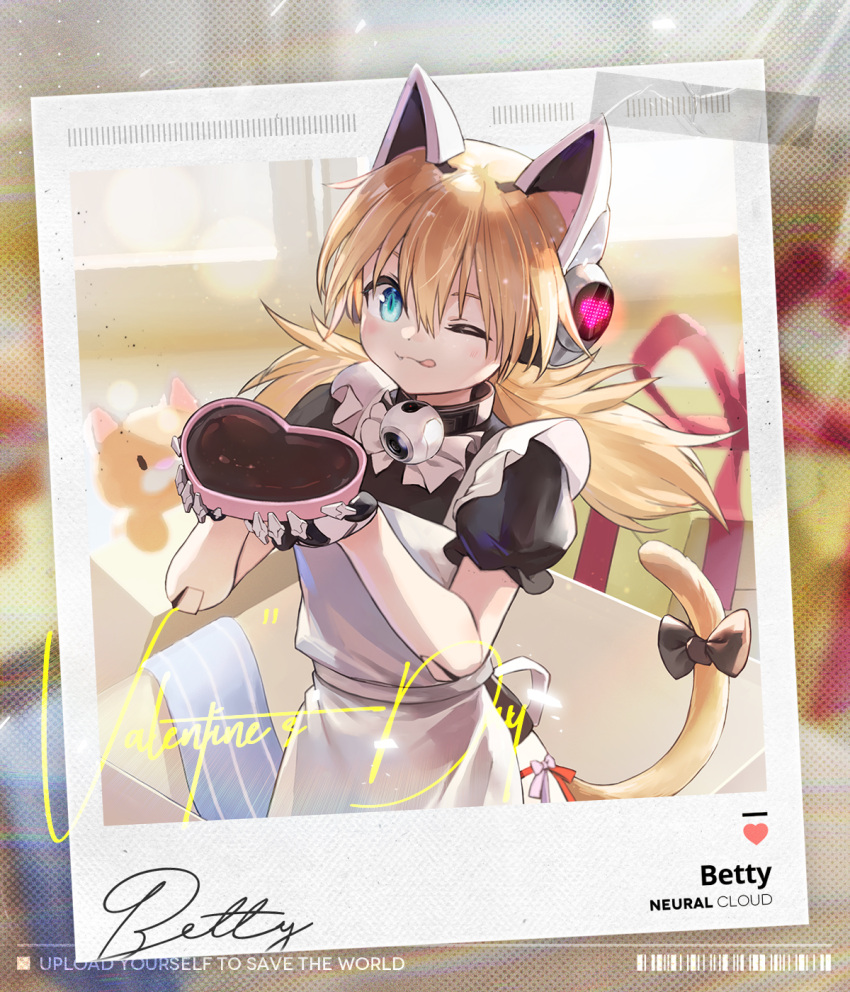 1girl :3 animal_ears apron artist_request betty_(girls'_frontline_nc) black_shirt blonde_hair blue_eyes bow candy cat_ears cat_tail character_name chocolate copyright_name fake_animal_ears fang food frilled_apron frills girls'_frontline girls'_frontline_neural_cloud hair_between_eyes heart heart-shaped_chocolate highres holding idw_(girls'_frontline) long_hair looking_at_viewer mechanical_hands official_art one_eye_closed polaroid puffy_sleeves shirt short_sleeves smile solo tail tail_bow tail_ornament tongue twintails upper_body valentine white_apron