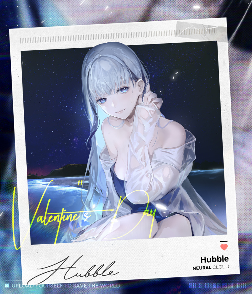 1girl adjusting_hair artist_request bare_shoulders blue_dress blue_eyes breasts character_name copyright_name dress girls'_frontline girls'_frontline_neural_cloud highres hubble_(girls'_frontline_nc) jacket large_breasts long_hair looking_at_viewer night night_sky official_art outdoors polaroid see-through see-through_jacket sky solo star_(sky) valentine water wet