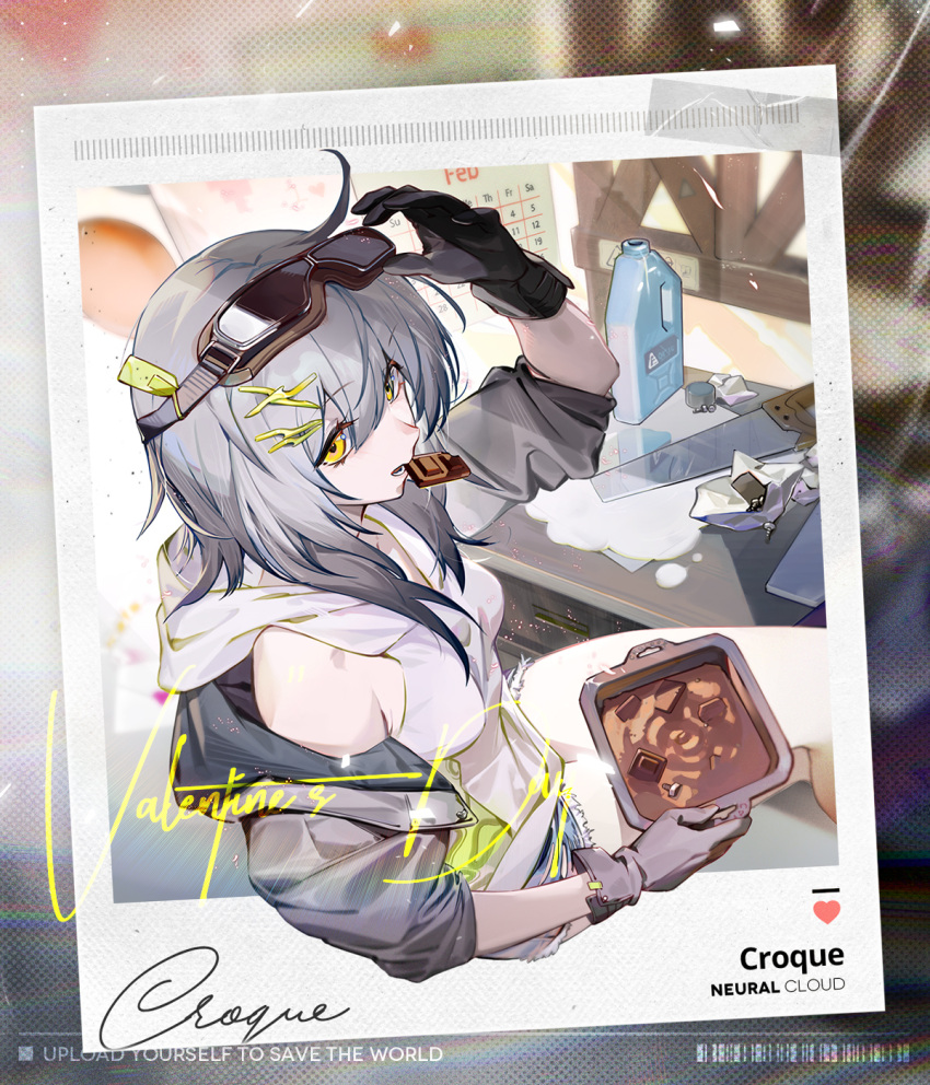 1girl artist_request character_name chocolate copyright_name croque_(girls'_frontline_nc) denim denim_shorts from_above girls'_frontline girls'_frontline_neural_cloud gloves goggles goggles_on_head gradient_hair grey_hair hair_between_eyes hair_ornament hairclip highres hood hood_down hoodie jacket long_hair looking_at_viewer mouth_hold multicolored_hair official_art polaroid saw screw shorts sleeveless sleeveless_hoodie sleeves_pushed_up solo tools valentine white_hoodie yellow_eyes