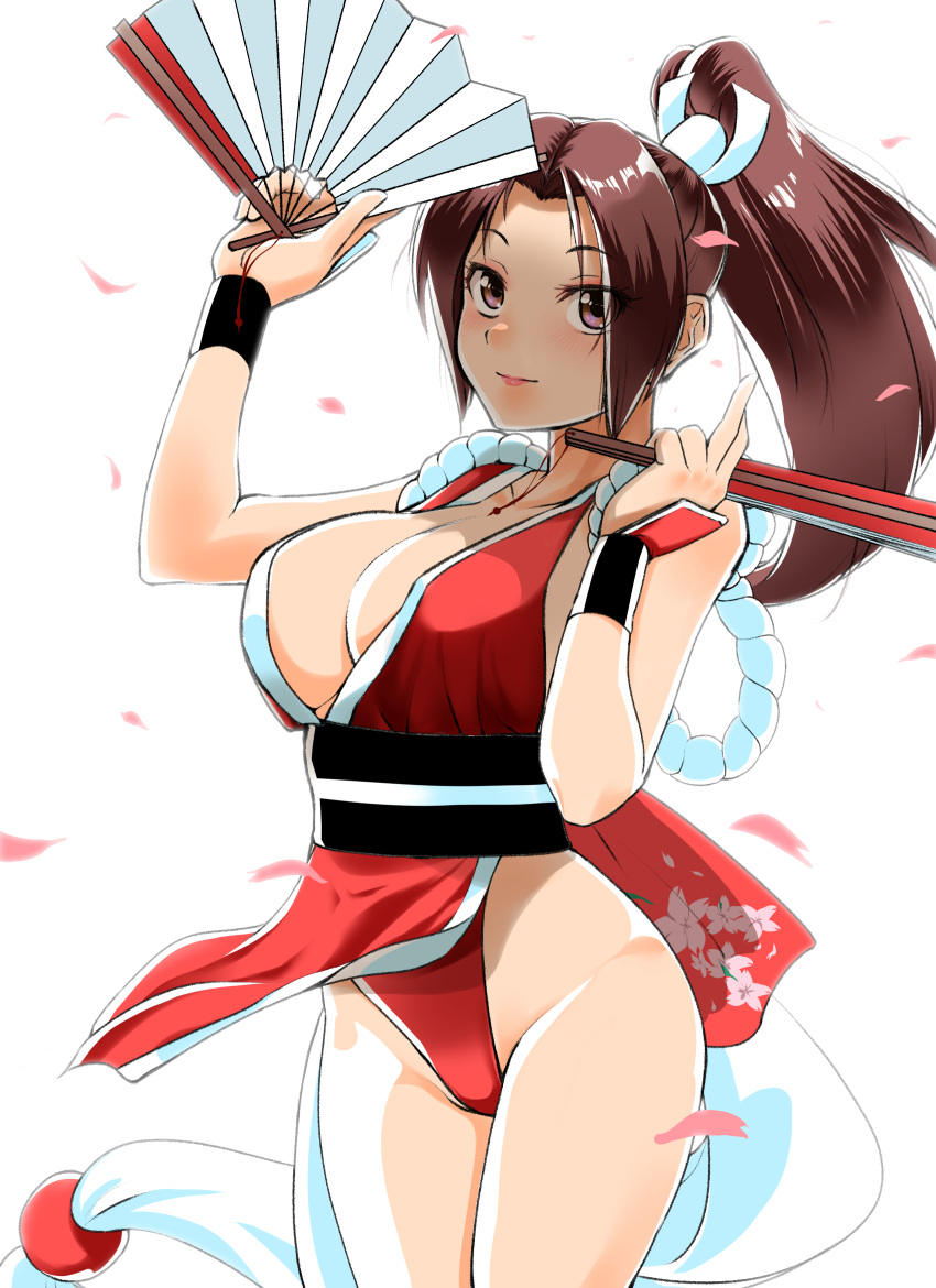1girl absurdres arm_guards breasts commentary_request cowboy_shot fatal_fury folding_fan hand_fan high_ponytail highres holding holding_fan japanese_clothes large_breasts leotard long_hair looking_at_viewer nanao_futaba ninja pelvic_curtain red_leotard revealing_clothes rope shiranui_mai sideboob solo the_king_of_fighters white_background