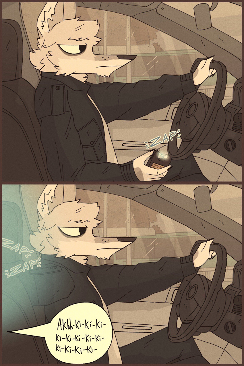 anthro canid canine canis car clothed clothing duo electroshock_weapon frenetic_wolf hi_res inside_car male mammal neutral_expression offscreen_character police seatbelt taser topwear uniform vehicle weapon wolf