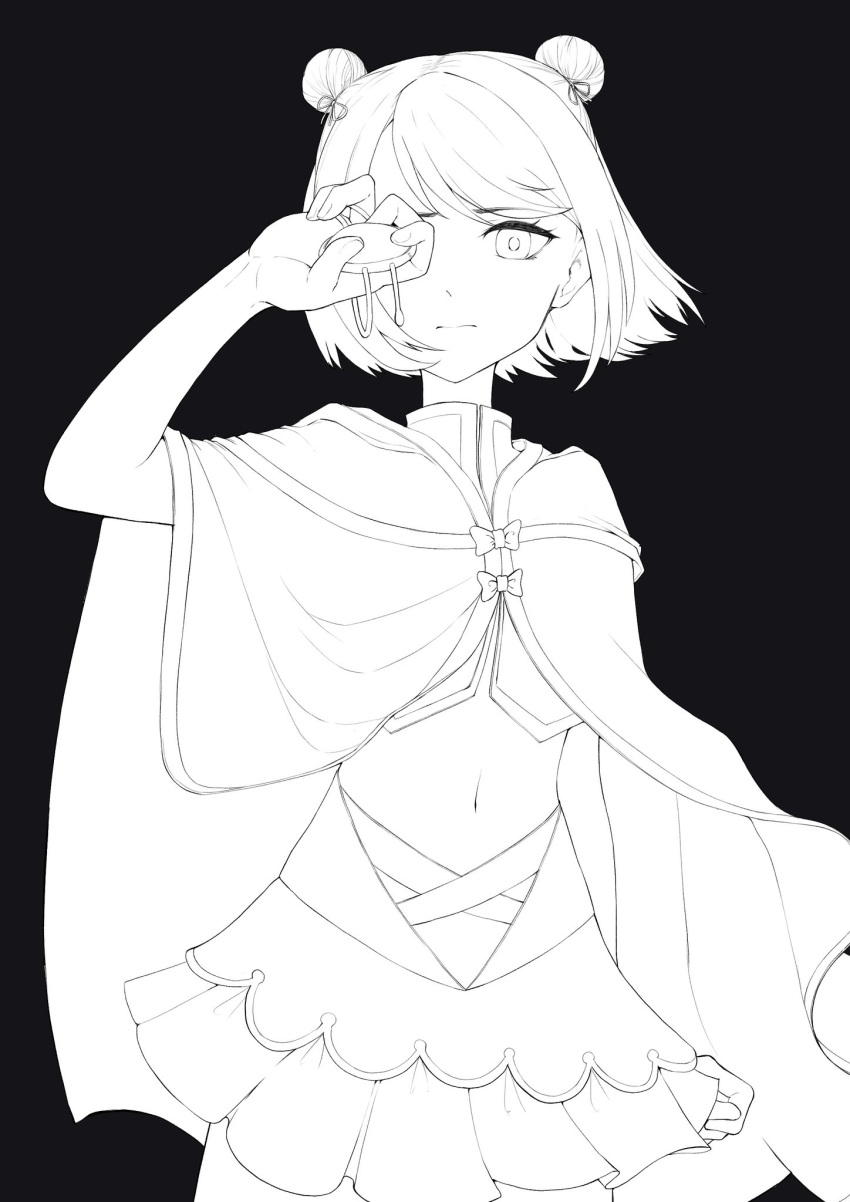 1girl arm_at_side bangs black_background bow cloak closed_mouth covering_one_eye cowboy_shot crop_top double_bun greyscale hair_bun hair_ribbon hand_up high_collar highres holding kuroe_(madoka_magica) lineart magia_record:_mahou_shoujo_madoka_magica_gaiden magical_girl mahou_shoujo_madoka_magica miniskirt monochrome navel ribbon short_hair skirt solo suraneku swept_bangs