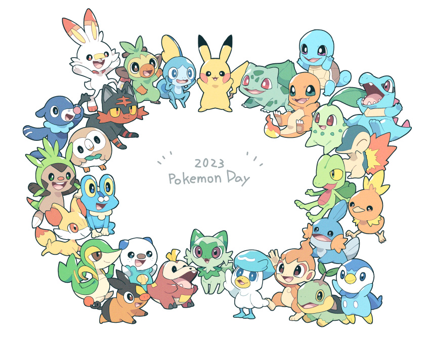 absurdres black_eyes blue_eyes brown_eyes bulbasaur charmander chespin chikorita chimchar closed_eyes closed_mouth cyndaquil fangs fennekin froakie fuecoco grookey hand_up hands_up highres litten mudkip open_mouth oshawott pikachu piplup pokemon pokemon_(creature) pokemon_(game) popplio quaxly red_eyes rowlet scorbunny snivy sobble sprigatito squirtle starter_pokemon_trio tepig teru_(245_neko) torchic totodile treecko turtwig yellow_eyes