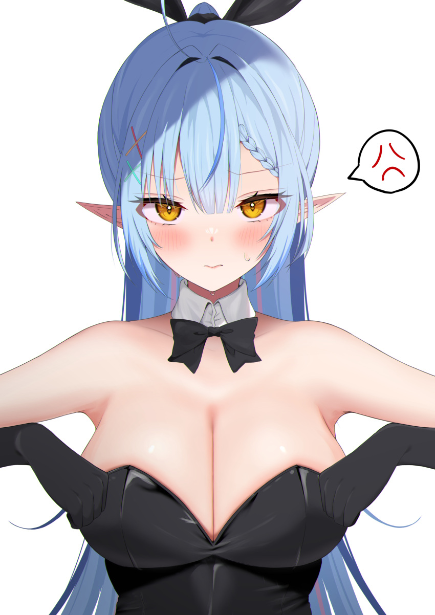 1girl absurdres adjusting_clothes adjusting_leotard ahoge alternate_costume anger_vein bangs black_bow black_leotard blue_hair blush bow braid braided_bangs breasts cleavage commentary elbow_gloves gloves hair_between_eyes hair_bow hair_ornament hairclip highres hololive hukigen_dadada large_breasts leotard long_hair looking_at_viewer multicolored_hair official_alternate_hairstyle playboy_bunny pointy_ears ponytail skindentation solo spoken_anger_vein strapless strapless_leotard streaked_hair sweatdrop undersized_breast_cup very_long_hair virtual_youtuber x_hair_ornament yellow_eyes yukihana_lamy