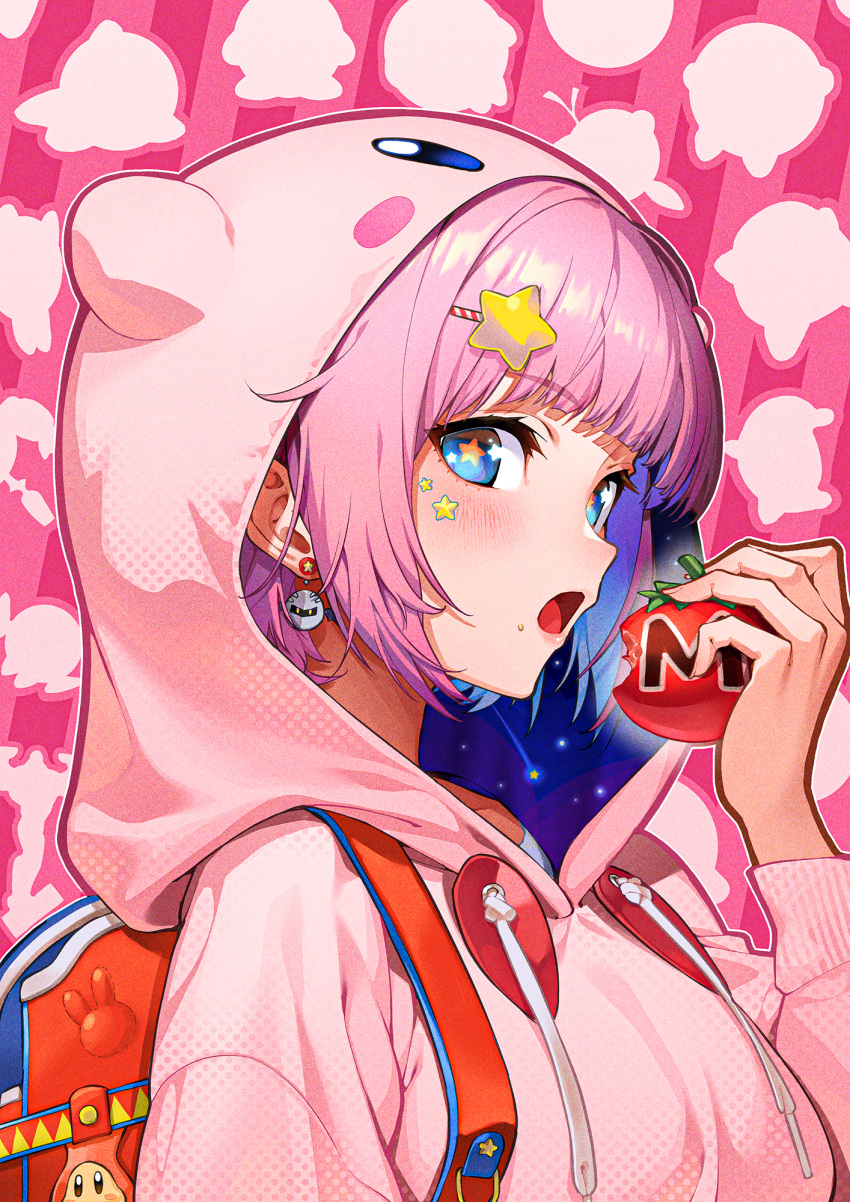 1girl blue_eyes cosplay earrings highres hood hoodie jewelry kabu_(niniko2ko) kirby kirby_(cosplay) open_mouth original pink_background pink_hair pink_hoodie red_bag