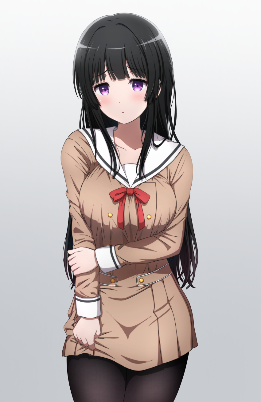 1girl absurdres bang_dream! black_hair black_pantyhose blush breasts brown_dress buttons commentary_request double-breasted dress hanasakigawa_school_uniform highres holding_own_arm large_breasts long_hair long_sleeves neck_ribbon noshimurin pantyhose purple_eyes red_ribbon ribbon sailor_dress school_uniform shirokane_rinko solo standing