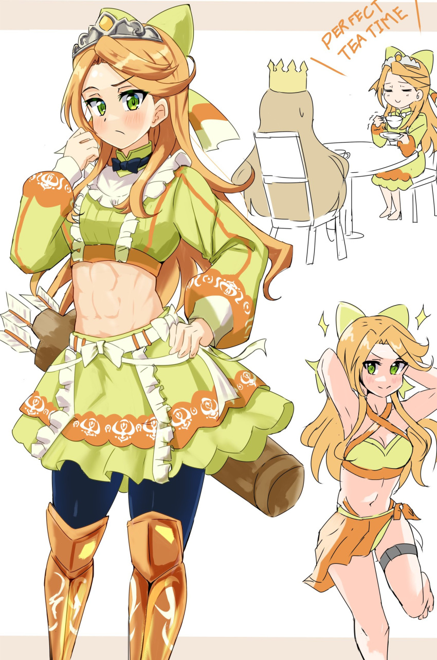 2girls abs armor armpits arms_up arrow_(projectile) bikini black_pants bow brown_hair celine_(fire_emblem) chair commentary_request crop_top crown ereka etie_(fire_emblem) fire_emblem fire_emblem_engage greaves green_bikini green_bow green_eyes green_shirt green_skirt hair_bow highres leggings long_hair long_sleeves looking_at_viewer midriff miniskirt multiple_girls multiple_views navel orange_hair pants quiver sarong shirt skirt skirt_set stomach swimsuit table thigh_strap very_long_hair white_background