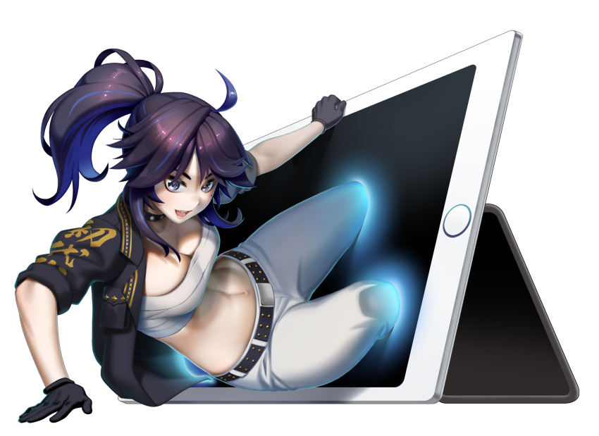 1girl :d agustinus ahoge bandages belt black_belt black_choker black_gloves black_jacket blue_eyes breasts chest_sarashi choker cleavage commentary gloves highres indie_virtual_youtuber ipad jacket kson large_breasts long_hair looking_at_viewer midriff navel open_clothes open_jacket open_mouth pants ponytail purple_hair sarashi short_sleeves simple_background smile solo stomach strapless tablet_pc tube_top white_background white_pants
