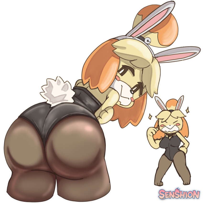 2023 absurd_res animal_crossing anthro bent_over big_breasts big_butt black_nose blush blush_stickers breasts bubble_butt bunny_costume butt canid canine canis clothed clothing costume curvaceous curvy_figure domestic_dog eyes_closed fake_ears fake_rabbit_ears fake_tail feet female fingers floppy_ears front_view fur hair hand_on_hip hi_res hourglass_figure inviting isabelle_(animal_crossing) legwear leotard looking_at_viewer looking_back mammal multicolored_body multicolored_fur multiple_images nintendo orange_body orange_fur pose presenting presenting_hindquarters proud rear_view seductive senshion shaded shadow shih_tzu signature simple_background smile solo star thick_thighs toes toy_dog voluptuous white_body white_fur wide_hips yellow_body yellow_fur