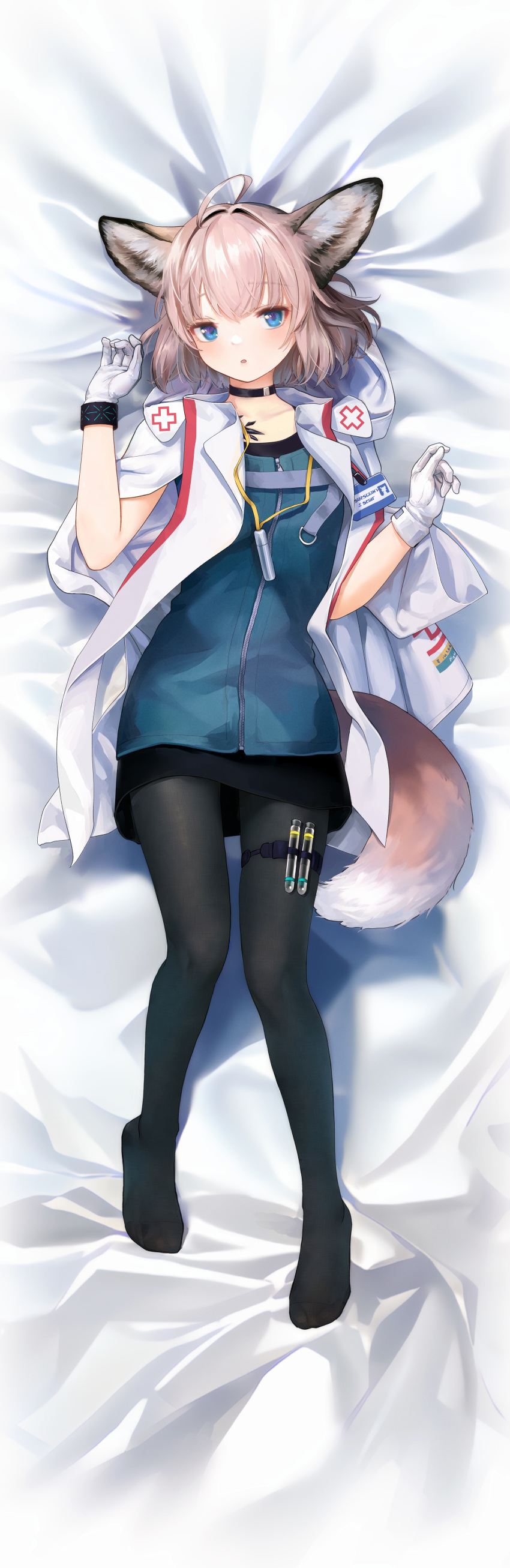 1girl absurdres ahoge animal_ears arknights bed_sheet black_choker black_pantyhose blue_eyes blue_shirt choker commentary_request fox_ears fox_tail full_body gloves grey_hair hands_up highres incredibly_absurdres jacket looking_at_viewer lying no_shoes on_back open_clothes open_jacket oripathy_lesion_(arknights) pantyhose parted_lips shirt short_hair solo sussurro_(arknights) tail thigh_strap vial welt_(kinsei_koutenkyoku) white_gloves white_jacket