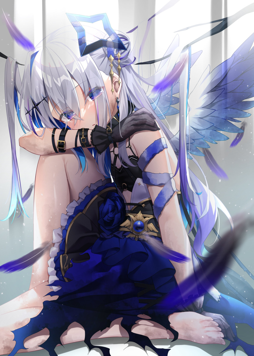 1girl absurdres amane_kanata angel_wings arm_belt bandaged_arm bandages bangs barefoot black_collar black_gloves blue_hair blush chest_harness collar colored_inner_hair commentary_request crossed_bangs earrings eyes_visible_through_hair feathered_wings feathers frilled_skirt frills gloves grey_hair hair_between_eyes hair_bun halo halo_ornament hand_on_own_shoulder harness highres hololive jewelry knee_up layered_skirt long_hair looking_at_viewer multicolored_hair official_alternate_costume parted_lips purple_eyes purple_hair shimo_(shimo332215) sidelocks single_hair_intake single_side_bun sitting skirt solo star_halo streaked_hair virtual_youtuber white_wings wings