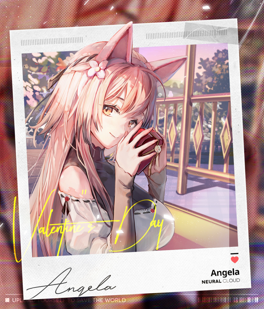 1girl angela_(girls'_frontline_nc) animal_ears artist_request box breasts cat_ears character_name copyright_name dress fake_animal_ears gift gift_box girls'_frontline girls'_frontline_neural_cloud headband heart-shaped_box highres holding holding_gift large_breasts long_hair looking_at_viewer official_art orange_eyes outdoors pink_hair pink_headband polaroid smile solo valentine
