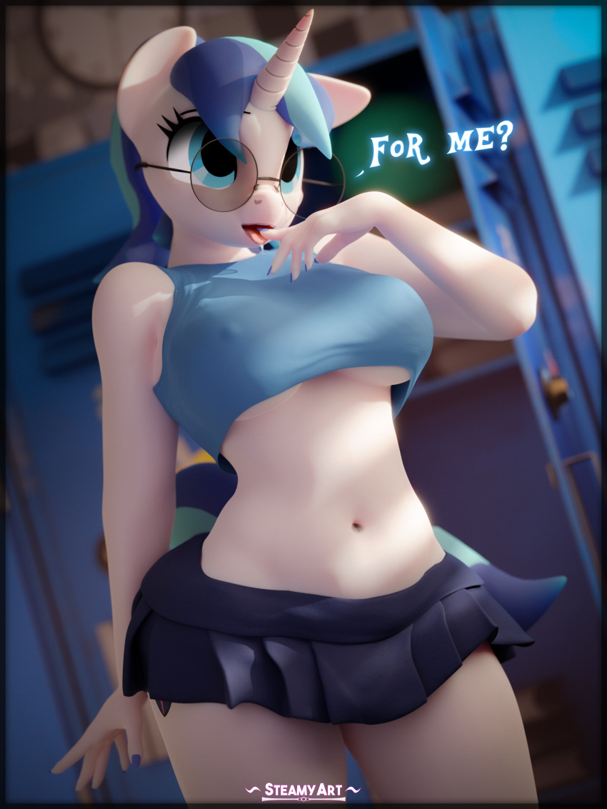 3d_(artwork) absurd_res anthro anthrofied blue_eyes blue_hair border bottomwear breasts clothing crossgender dialogue digital_media_(artwork) english_text equid equine eyewear female finger_in_mouth friendship_is_magic glasses hair hasbro hi_res horn looking_up mammal miniskirt mtf_crossgender my_little_pony nipple_outline open_mouth shining_armor_(mlp) skirt solo steamyart text under_boob unicorn wide_hips