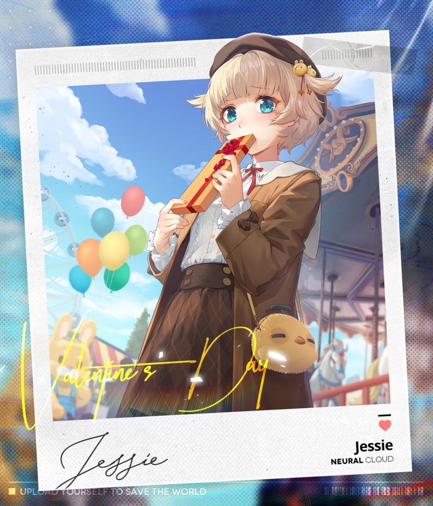 1girl artist_request bag balloon blue_eyes brown_headwear brown_jacket brown_skirt carousel character_name collared_shirt copyright_name covering_mouth frilled_shirt frills girls'_frontline girls'_frontline_neural_cloud hair_ornament handbag hat highres jacket jessie_(girls'_frontline_nc) light_brown_hair long_sleeves looking_at_viewer m1897_(girls'_frontline) official_art outdoors polaroid shirt shirt_tucked_in short_hair skirt sky solo two_side_up valentine white_shirt
