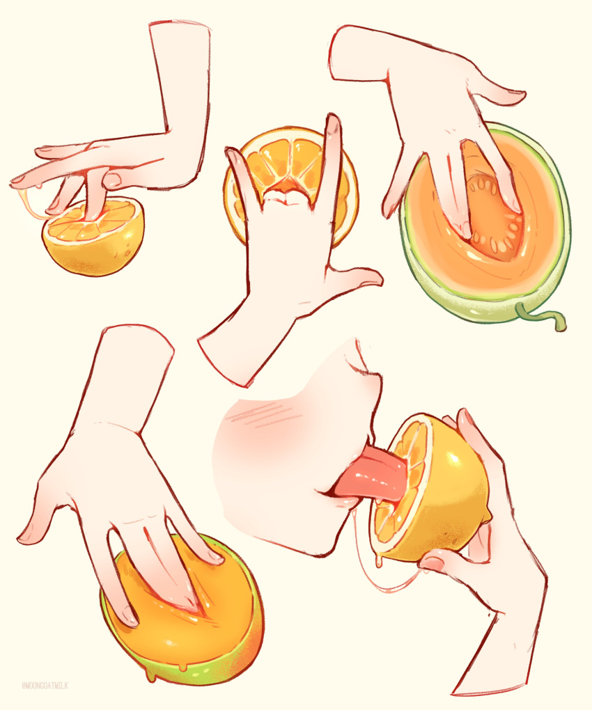 absurdres disembodied_limb disembodied_mouth food fruit gaziter highres implied_yuri juice lemon licking melon orange_(fruit) original saliva saliva_trail sexually_suggestive simulated_cunnilingus simulated_fingering tongue