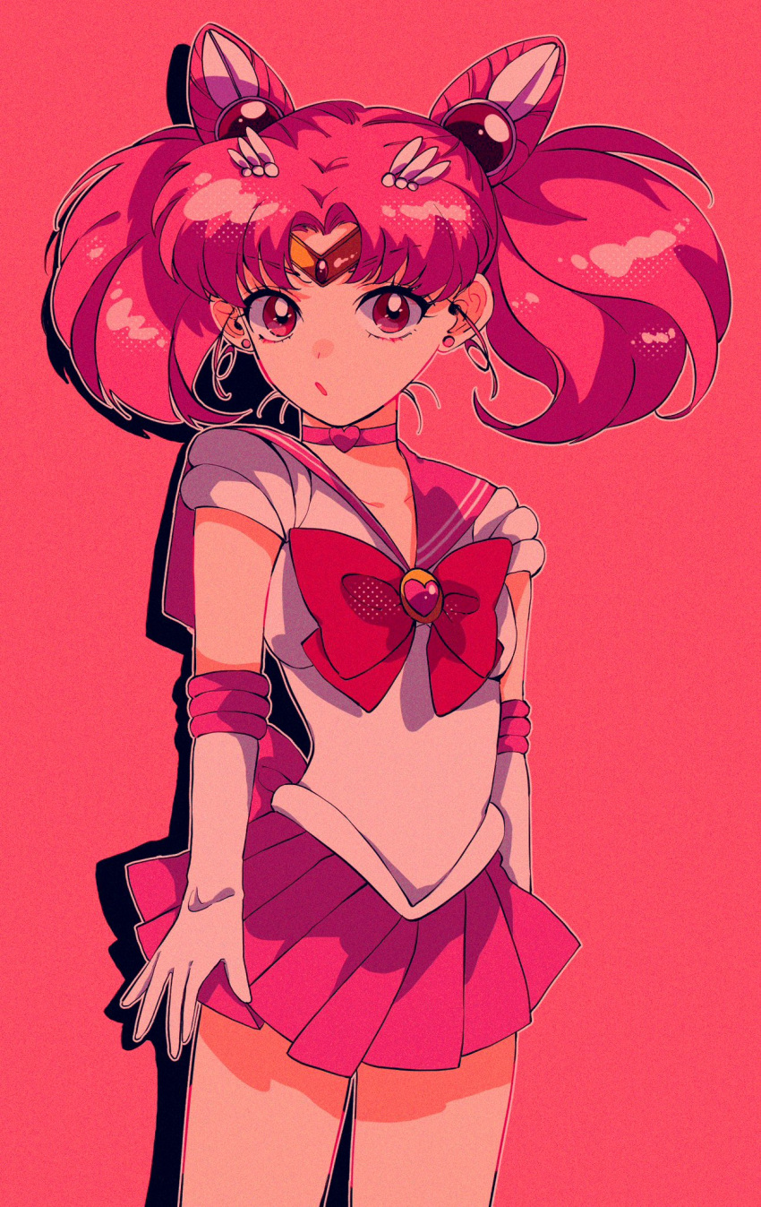 1girl back_bow bishoujo_senshi_sailor_moon bow bowtie brooch chibi_usa choker circlet cone_hair_bun cowboy_shot double_bun earrings elbow_gloves gloves hair_bun hair_ornament heart heart_brooch heart_choker highres jewelry looking_at_viewer miniskirt pink_background pink_hair pink_sailor_collar pink_skirt pleated_skirt red_bow red_bowtie red_eyes rumic_0620 sailor_chibi_moon sailor_collar sailor_senshi sailor_senshi_uniform short_hair short_sleeves short_twintails skirt solo stud_earrings twintails white_gloves