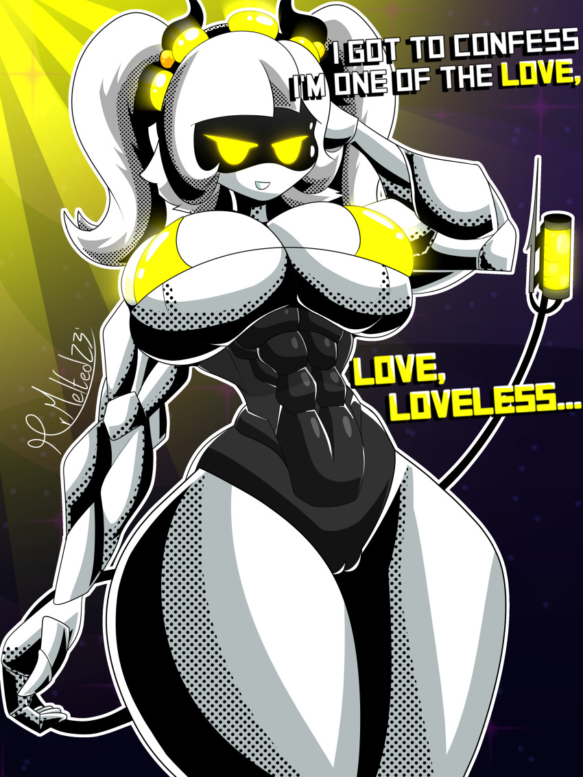 &gt;:d 2023 abs absurd_res accessory android artist_name ben_day_dots big_breasts bikini bikini_top bottomless bottomless_female bottomless_humanoid breasts cel_shading cleavage clothed clothing dialogue english_description english_text female genitals grin hair hair_accessory hair_ribbon hand_behind_head headband hi_res humanoid j_(murder_drones) joints machine mrmelted murder_drones muscular muscular_female muscular_humanoid portrait pussy ribbons robot screen_eyes shaded signature skimpy_bikini smile solo stinger string_bikini swimwear syringe tail tailed_humanoid text thick_thighs three-quarter_portrait tight_bikini twintails_(hairstyle) under_boob white_body white_hair yellow_bikini yellow_clothing yellow_eyes yellow_swimwear