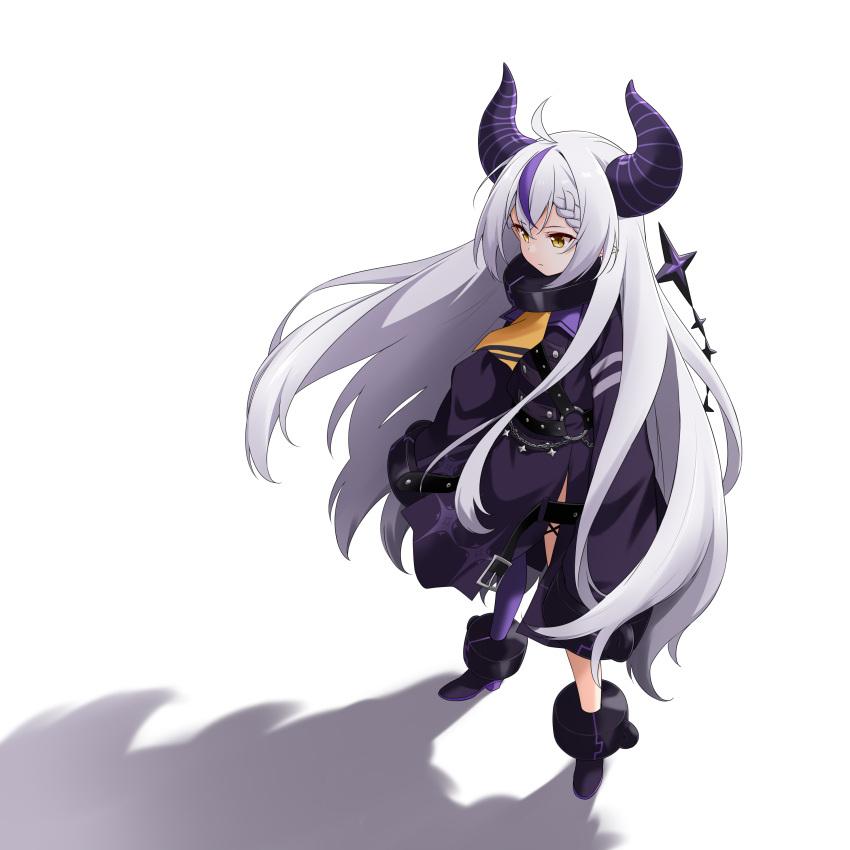1girl absurdres ahoge ankle_cuffs black_footwear braid closed_mouth coat collar commentary demon_girl demon_horns english_commentary felutiahime full_body grey_hair highres hololive horns la+_darknesss long_hair long_sleeves looking_away metal_collar multicolored_hair o-ring pantyhose pointy_ears purple_coat purple_hair purple_pantyhose sidelocks single_leg_pantyhose sleeves_past_fingers sleeves_past_wrists solo standing streaked_hair striped_horns very_long_hair virtual_youtuber white_background yellow_eyes