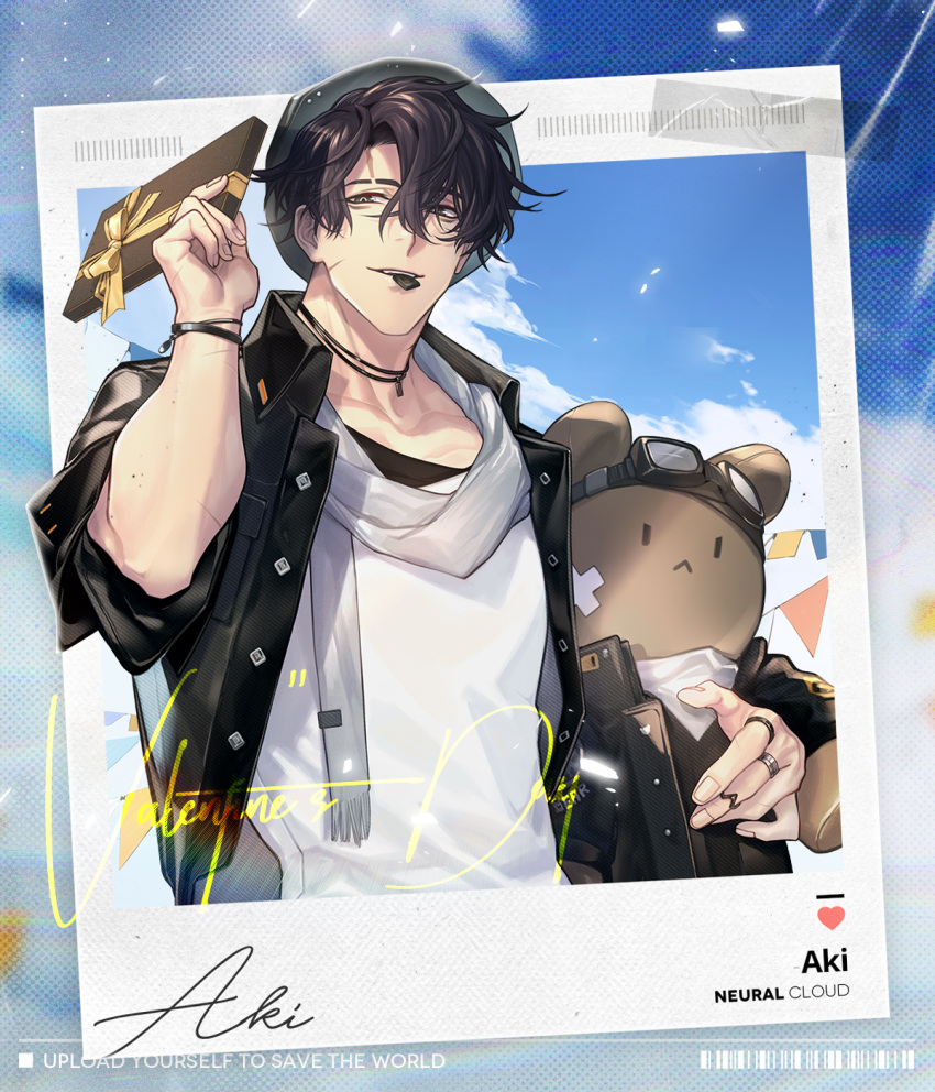 1boy aki_(girls'_frontline_nc) artist_request black_jacket box bracelet brown_hair character_name copyright_name gift gift_box girls'_frontline girls'_frontline_neural_cloud hat highres holding holding_gift holding_stuffed_toy jacket jewelry looking_at_viewer male_focus mouth_hold muscular muscular_male official_art outdoors polaroid ring scar scar_on_face scarf shirt short_hair sky smile solo stuffed_animal stuffed_toy teddy_bear upper_body valentine white_scarf white_shirt