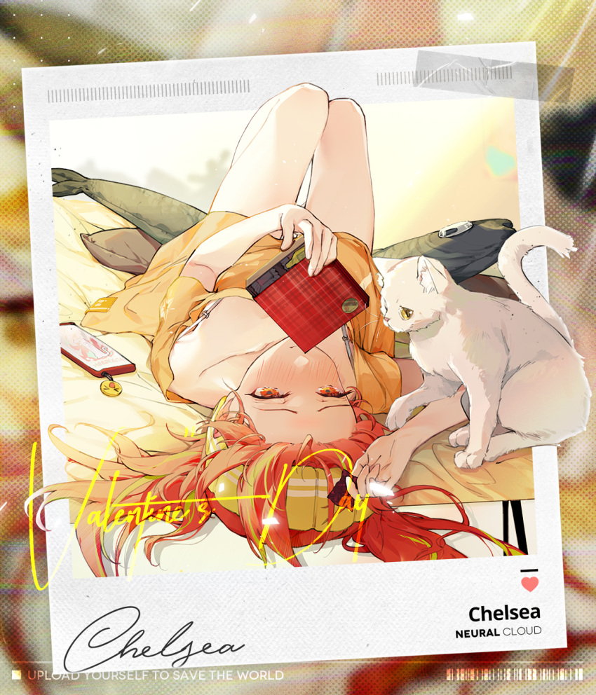 1girl artist_request blush box box_of_chocolates bra_strap cat cellphone character_name chelsea_(girls'_frontline_nc) collarbone copyright_name covering_mouth dress gift girls'_frontline girls'_frontline_neural_cloud highres holding holding_gift knees_up lying official_art on_back phone polaroid red_eyes red_hair solo valentine white_cat yellow_dress