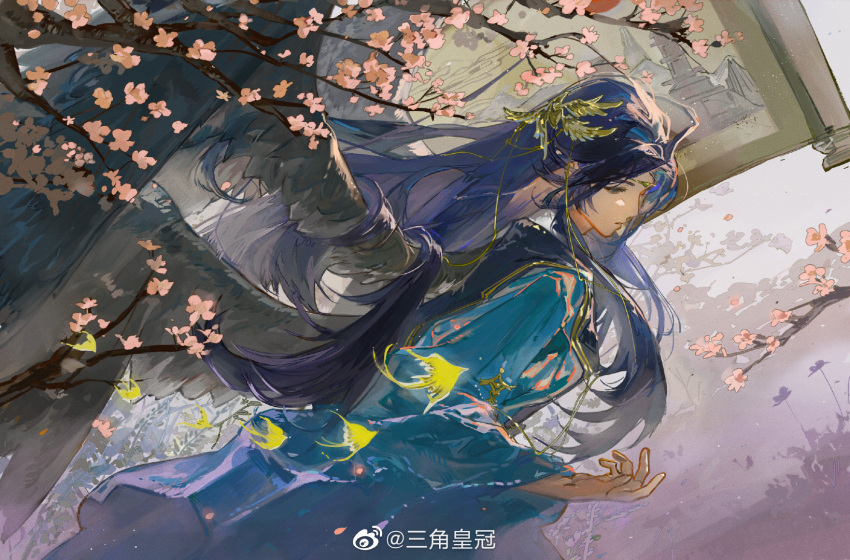 1boy bishounen black_wings cherry_blossoms chinese_clothes for_all_time hanfu highres long_hair long_sleeves male_focus muyihui si_lan solo wide_sleeves wings