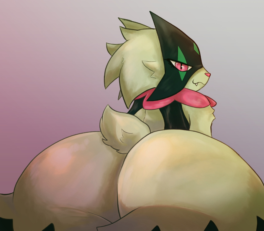 ambiguous_gender anthro bedroom_eyes big_butt butt felid feline fur generation_9_pokemon hi_res huge_butt looking_at_viewer looking_back mammal meowscarada mimidumpi narrowed_eyes nintendo nude pokemon pokemon_(species) seductive simple_background solo solo_focus thick_thighs wide_hips