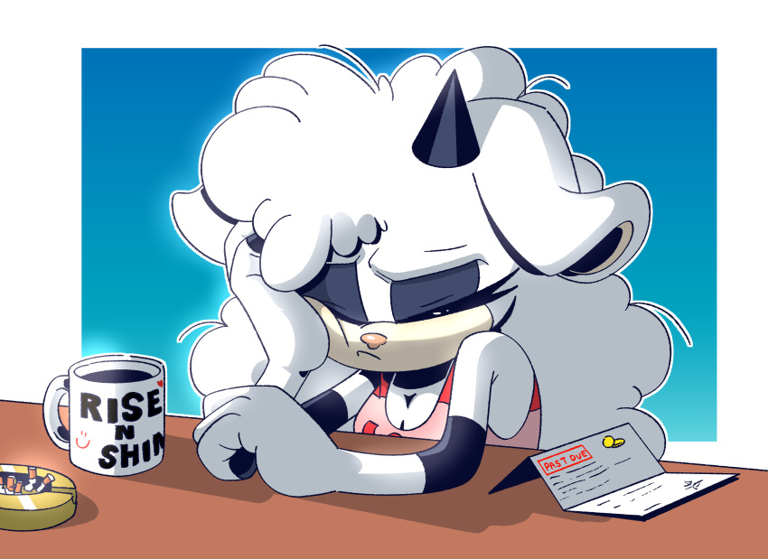absurd_res anthro arm_support beverage biped black_horn border bovid breasts caprine cigarette cigarette_butt cleavage clothed clothed_anthro clothed_female clothing coffee container cup digital_media_(artwork) eyes_closed female female_anthro front_view hair hi_res horn idw_publishing lanolin_(sonic_the_hedgehog) leaning_on_elbow mammal mug pink_clothing pink_nose pink_shirt pink_topwear sega sheep shirt sleeveless_shirt solo sonic_the_hedgehog_(comics) sonic_the_hedgehog_(idw) sonic_the_hedgehog_(series) tank_top thenovika topwear white_border white_ears white_hair