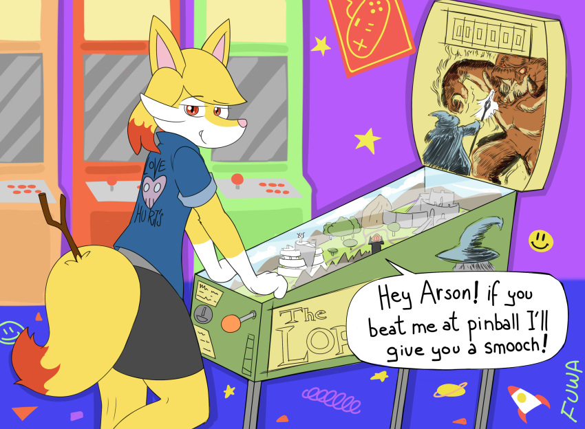 absurd_res anthro arcade blonde_hair braixen canid canine clothing dialogue english_text female fox fur generation_6_pokemon hair half-closed_eyes hi_res j._r._r._tolkien jacket mammal middle-earth_(tolkien) mr_fuwa multicolored_hair narrowed_eyes nintendo orange_eyes orange_hair pinball pinball_machine pokemon pokemon_(species) smile smiling_at_viewer smirk solo suggestive_dialogue text the_lord_of_the_rings topwear two_tone_hair yellow_body yellow_fur