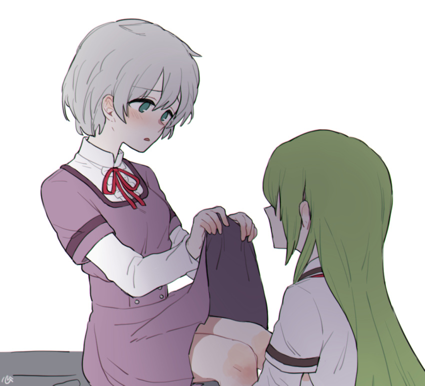 2girls alina_gray an_sin azusa_mifuyu blush center_frills clothes_lift collared_shirt frilled_shirt frills green_hair grey_hair hair_between_eyes layered_sleeves lifted_by_self long_hair long_sleeves looking_at_another magia_record:_mahou_shoujo_madoka_magica_gaiden mahou_shoujo_madoka_magica mizuna_girls'_academy_school_uniform multiple_girls neck_ribbon open_mouth pleated_skirt purple_ribbon purple_shirt purple_skirt ribbon sakae_general_school_uniform school_uniform shirt shirt_under_shirt short_hair short_over_long_sleeves short_sleeves simple_background skirt skirt_lift straight_hair white_background white_shirt yuri