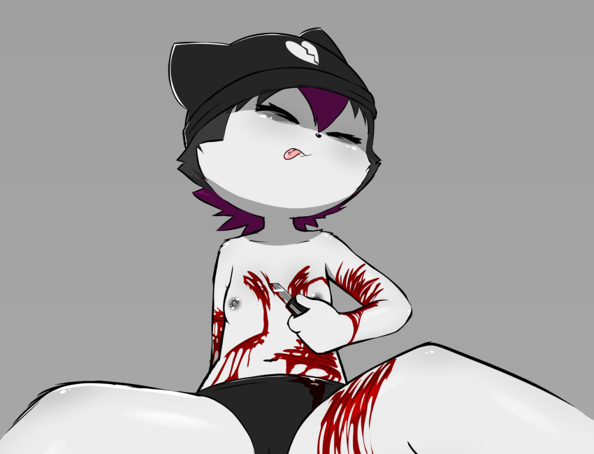 &lt;/3 4_fingers anthro bags_under_eyes bangs black_hair blood blood_on_arm blood_on_belly blood_on_chest blood_on_thigh bodily_fluids camel_toe clothed clothing cutting dark domestic_cat e254e eyes_closed facial_tuft feet felid feline felis female fingers flat_chested fur grey_body grey_fur hair hi_res knife leaning leaning_back mammal markings morbid navel nipple_piercing nipples pain panties piercing purple_hair sadie_(e254e) self-harm self-hatred sitting skullcap solo spread_legs spreading teenager tongue tongue_out tongue_piercing topless topless_female underwear wince wounded young